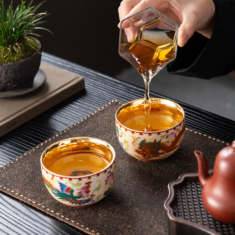 Dunhuang Gilded Porcelain Dragon & Phoenix Pair Cups (Auspicious Symbolism) - Oriental Treasures