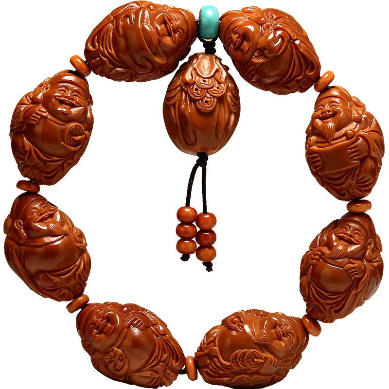 Olive Kernel Bracelet: Eight Treasures and the God of Wealth - Oriental Treasures