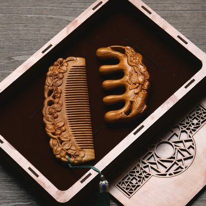 Custom Engraved Sandalwood Comb Set - Floral Green Acupressure Comb & Mirror Gift Box with Free Engraving
