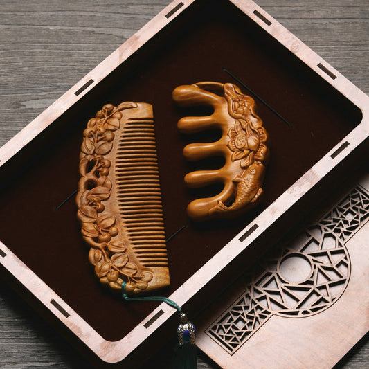 Custom Engraved Sandalwood Comb Set - Floral Green Acupressure Comb & Mirror Gift Box with Free Engraving