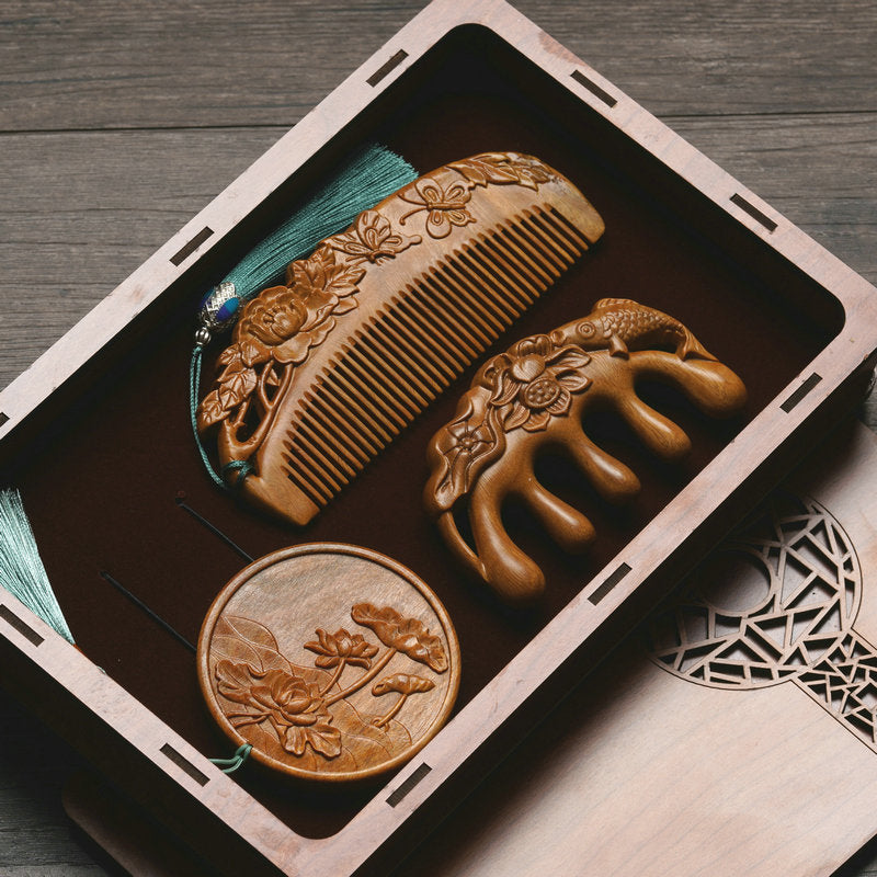 Custom Engraved Sandalwood Comb Set - Floral Green Acupressure Comb & Mirror Gift Box with Free Engraving