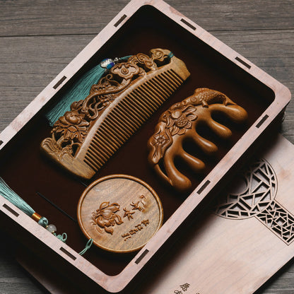 Custom Engraved Sandalwood Comb Set - Floral Green Acupressure Comb & Mirror Gift Box with Free Engraving