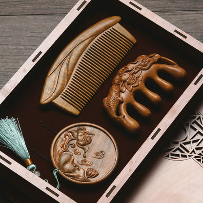 Custom Engraved Sandalwood Comb Set - Floral Green Acupressure Comb & Mirror Gift Box with Free Engraving