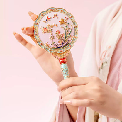 Birds Fluttering Portable Mirror with Blossoming Branches Design